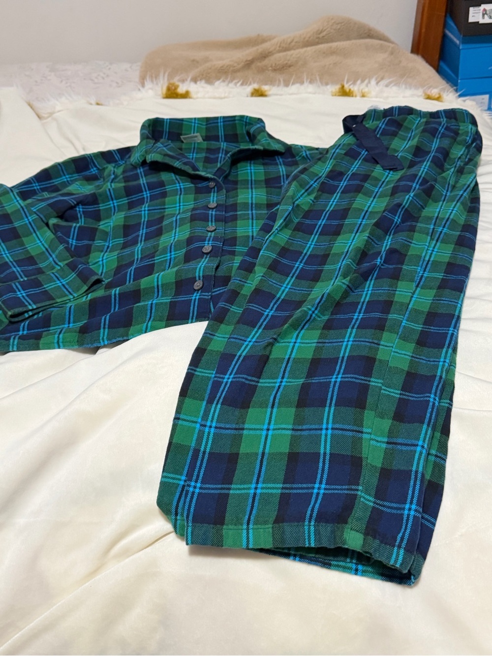 Lands' End Green and Blue Plaid Flannel Cotton Pajamas Women’s Small